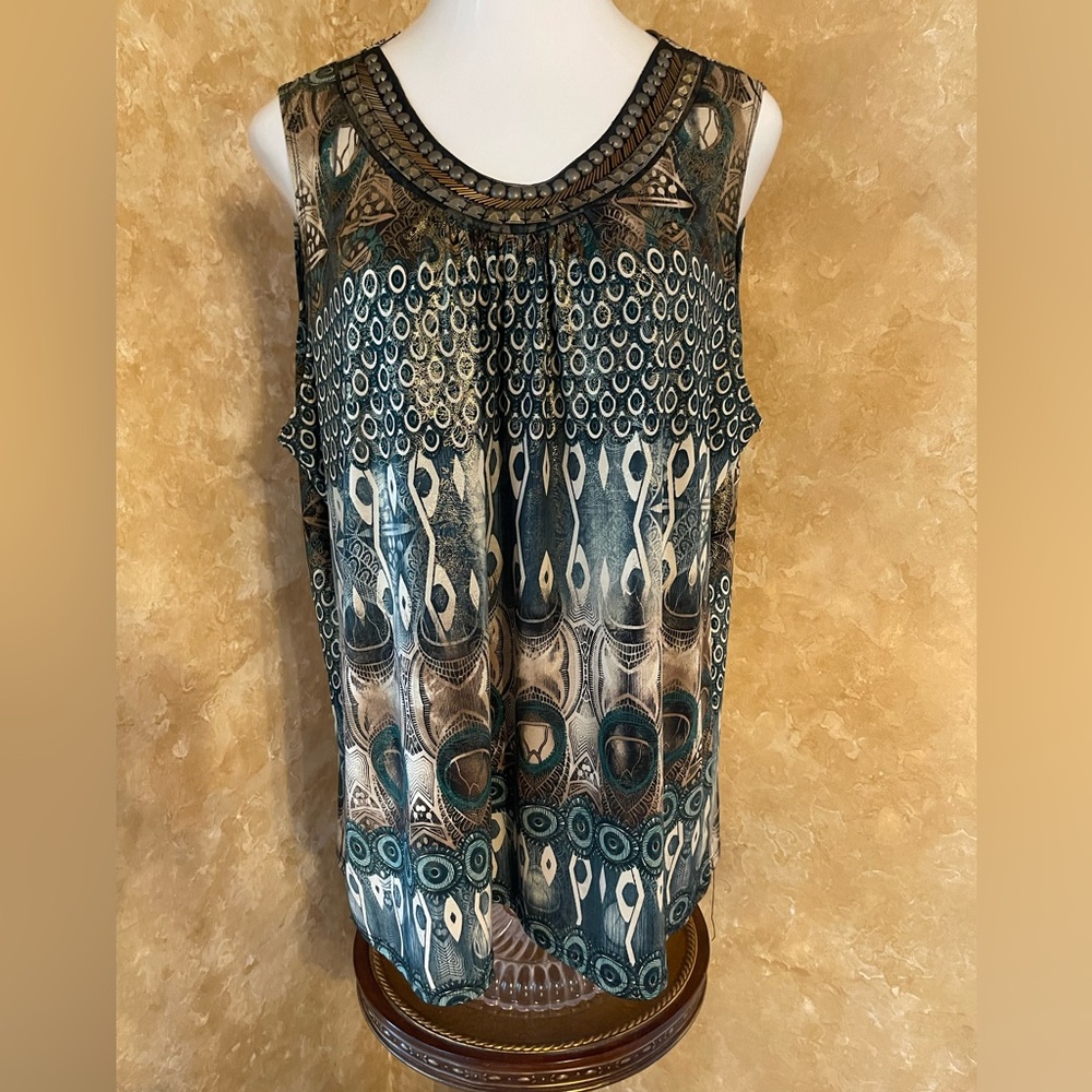 Dress Barn Embellished Green and Brown Sleeveless Tank Top